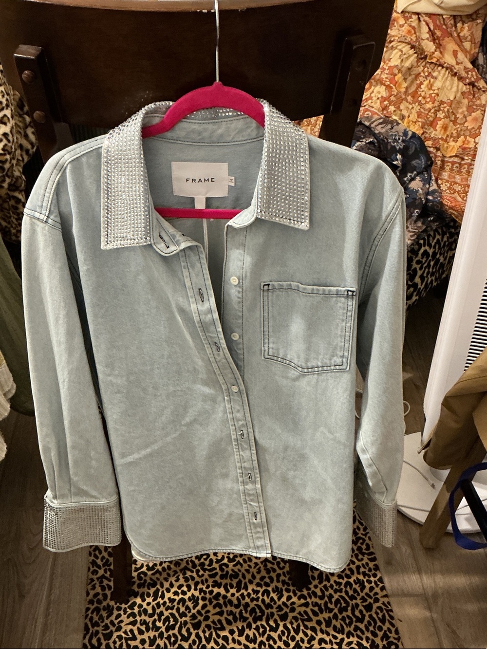 Frame Denim Light Wash Denim Jacket with Crystal Collar
